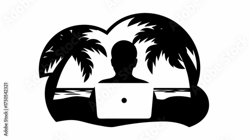 Remote worker enjoying paradise, laptop on beach with palm trees, digital nomad lifestyle