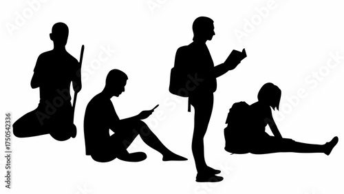 Silhouettes of people in various activities, reading, using phones, and relaxing, ideal for design projects