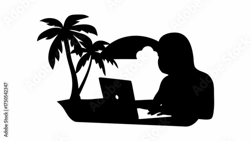Freelancer working remotely on laptop with island palm trees, achieving digital nomad lifestyle goals