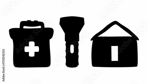 Essential survival kit including first aid, flashlight, and shelter icon for safety, preparedness, and emergency