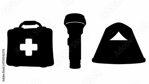 Camping essentials: first aid kit, flashlight, and tent, ready for outdoor adventures and emergency situations