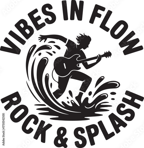 Silhouette of a person playing guitar in splashing water with text guitar player rock and roll