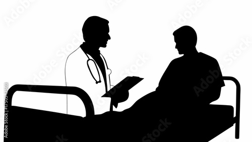 Doctor consulting patient in hospital bed, discussing medical chart with care and professionalism