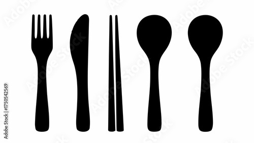 Versatile collection of modern dining utensils including fork, knife, chopsticks, and spoons
