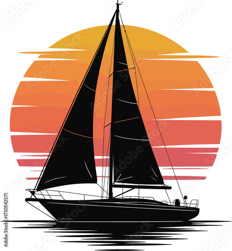 A stylized sailing yacht design against a striped sun graphic