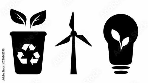 Sustainable energy icons representing recycling, wind power, and eco-friendly ideas for a greener future