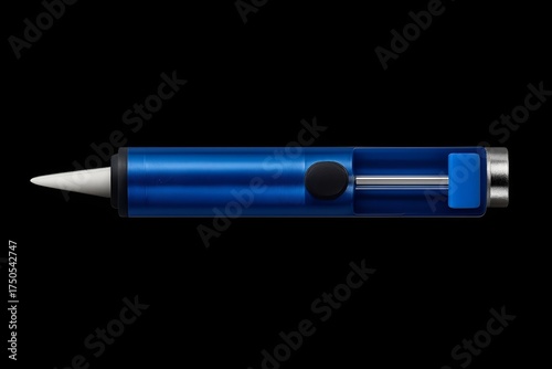 Blue desoldering pump suction tool, isolated single object on transparent background, realistic lighting.