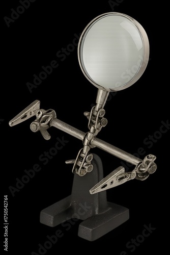 Helping hands soldering stand with clips and magnifying glass, isolated single object, transparent background, detailed reflections.