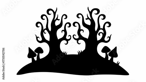 Mysterious silhouette of twisted trees and mushrooms creating a spooky Halloween atmosphere