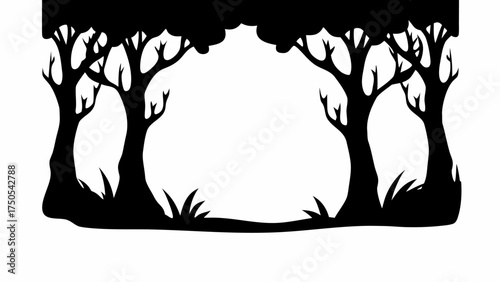 Dramatic silhouette of bare trees framing a mysterious forest clearing with hints of nature's wild allure