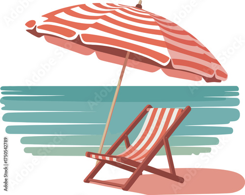 Beach Scene Illustration Sun Umbrella, Chair, and Ocean in Vector Art