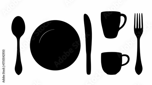 Elegant black and white dining setting with plate, cutlery, and cups, perfect for restaurant menus and design