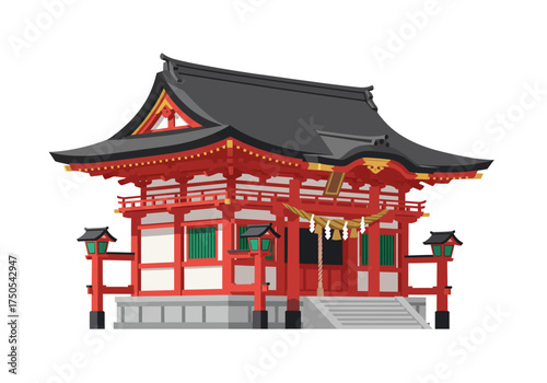 Traditional Japanese Shrine with Red and Black Design.