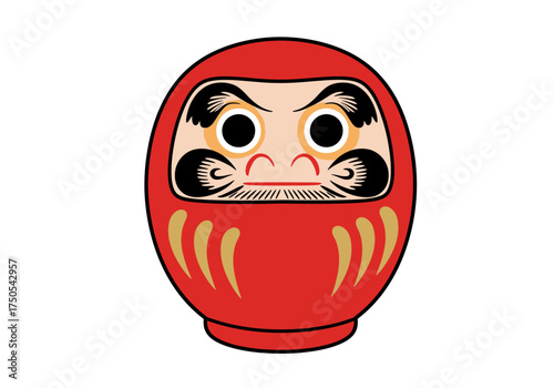 Red Daruma Doll Illustration with Golden Accents and Determined Expression.