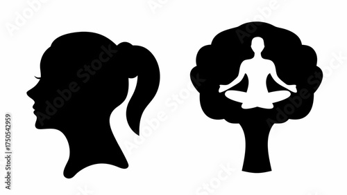Silhouette of a woman's profile and a meditating figure within a tree, promoting mindfulness
