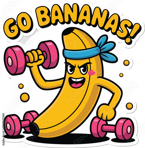 Go Bananas Cartoon Banana Exercising with Dumbbells Illustration