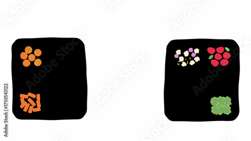 Freshly prepared culinary delights featuring vibrant carrots, tomatoes, and other colorful ingredients on dark plates