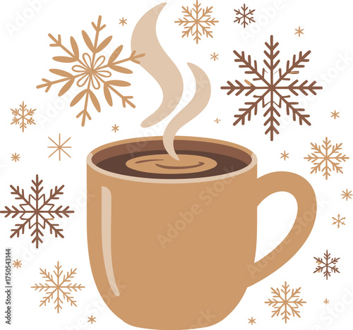 Cozy Hot Chocolate Mug with Winter Snowflakes - A Flat Vector Art Sticker
