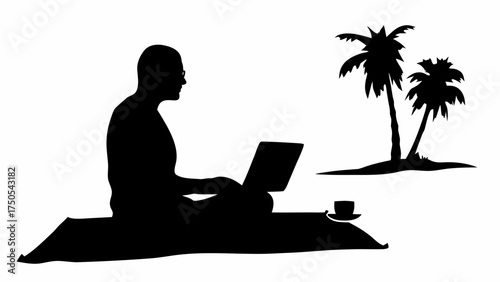 Digital nomad working on laptop with palm trees, enjoying coffee, remote work lifestyle, freedom