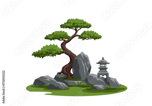 Serene Bonsai Tree with Stone Lantern and Rock Garden Illustration.