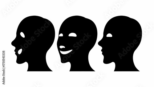 Three distinct silhouette heads express different emotions joy surprise contemplation perfect for mental health concepts