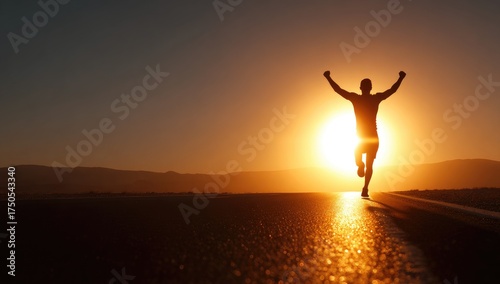 Silhouette of a runner with arms raised towards the sun on a road at sunset