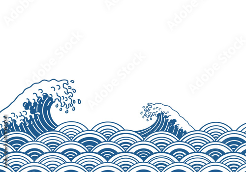 Stylized Blue Ocean Waves Pattern on White Background.