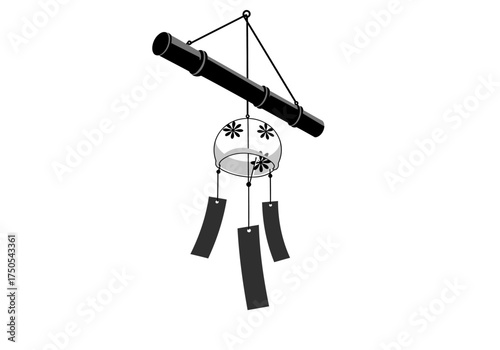 Hanging Japanese Wind Chime with Floral Design and Slips.