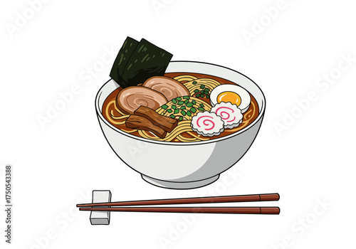 Delicious Bowl of Ramen with Toppings and Chopsticks Illustration.