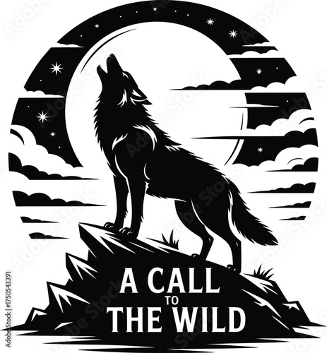 A Call to the Wild Majestic Wolf Howling at the Moon Illustration