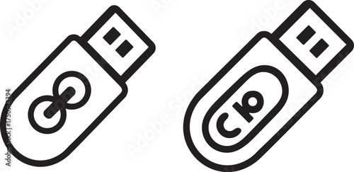 Two black outline flash drives with symbols memory