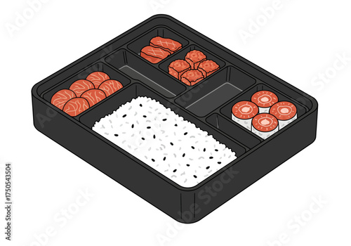 Bento Box with Rice Salmon Meat and Sushi Rolls Illustration.