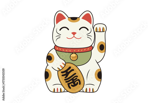 Cartoon Maneki Neko with Raised Paw and Coin.