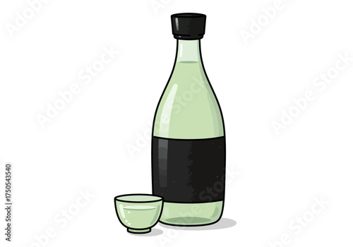 Cartoon Illustration of a Sake Bottle and Cup.