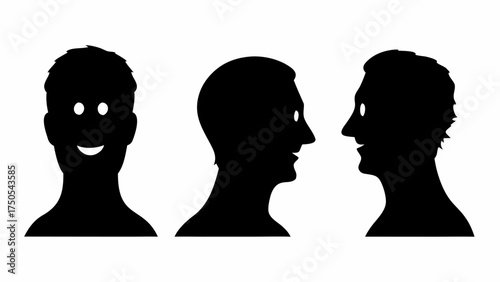 Three distinct silhouettes show diverse human profiles representing communication, connection, and individuality in a modern abstract style.