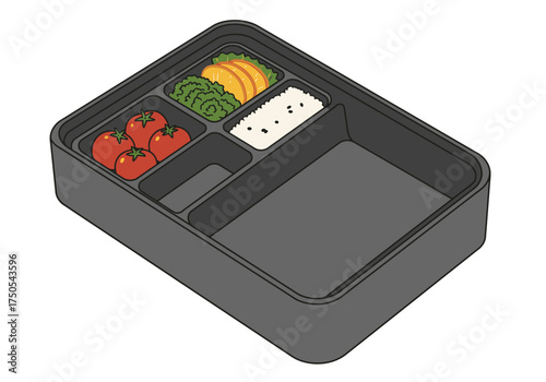 Bento Box with Tomatoes Rice and Sliced Fruit Illustration.