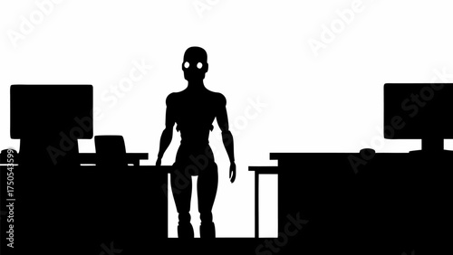 Silhouette of a humanoid robot standing in a modern office with dual computer workstations