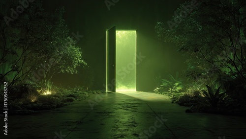 Mysterious green doorway in a dark jungle