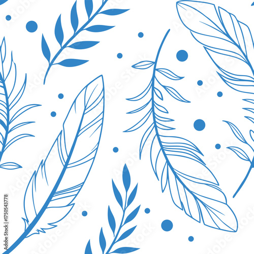 Elegant seamless pattern with blue feathers and leaves on a white background. Minimal modern line art design perfect for textiles, wallpapers, and stationery. Fresh, airy, and nature-inspired artwork.