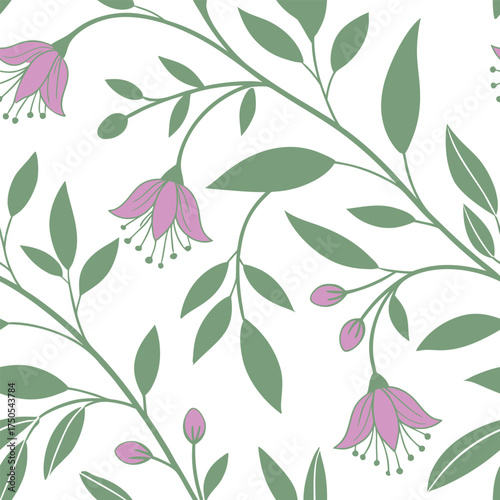 Delicate floral seamless pattern with pink flowers and green leaves on a white background. Elegant botanical design perfect for fabric, wallpaper, or stationery. Fresh, natural, and timeless artwork.