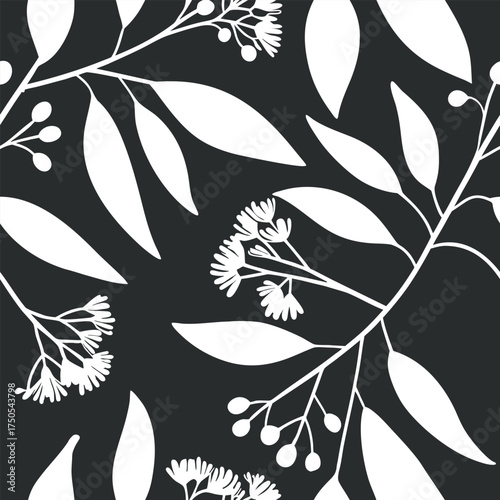 Elegant botanical seamless pattern with white floral silhouettes on a dark background. Minimal modern leaf and branch design perfect for textiles, wallpapers, or invitations. Stylish nature-inspired a