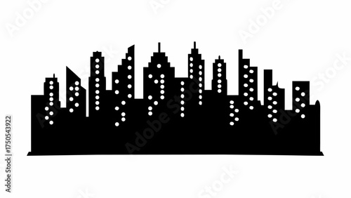 Dynamic black silhouette cityscape with glowing windows creates a modern urban night scene