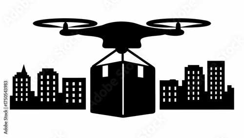 Autonomous drone delivering package over cityscape showcasing modern logistics and urban delivery solutions