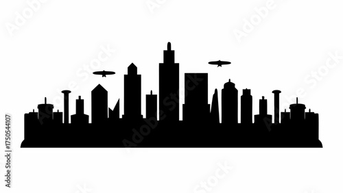 Dynamic city skyline silhouette with futuristic flying objects creating a modern urban landscape