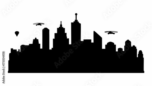 Futuristic cityscape silhouette with drones and hot air balloon soaring above modern skyscrapers