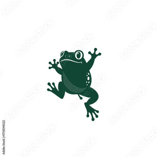 Dynamic illustration of a vibrant dark green frog in a poised, mid-action stance, featuring a clean and minimalist vector design perfect for wildlife-themed projects and ecological branding
