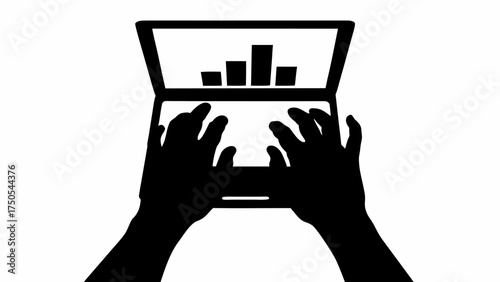 Hands typing on laptop showing upward trending bar graph representing business growth and success
