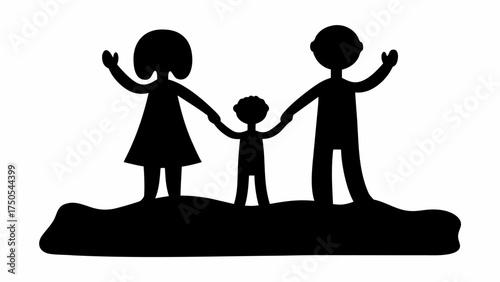 Joyful family silhouette holding hands, waving happily, symbolizing unity, love, and togetherness in a vibrant scene.
