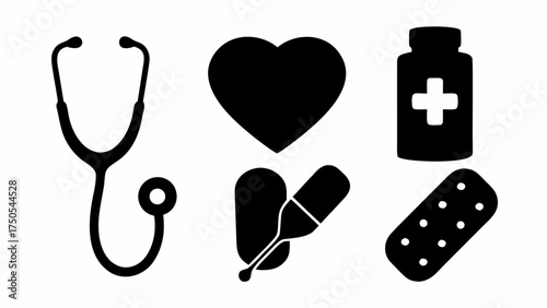 Essential medical icons stethoscope heart pill bottle thermometer and bandage for healthcare and wellness concepts