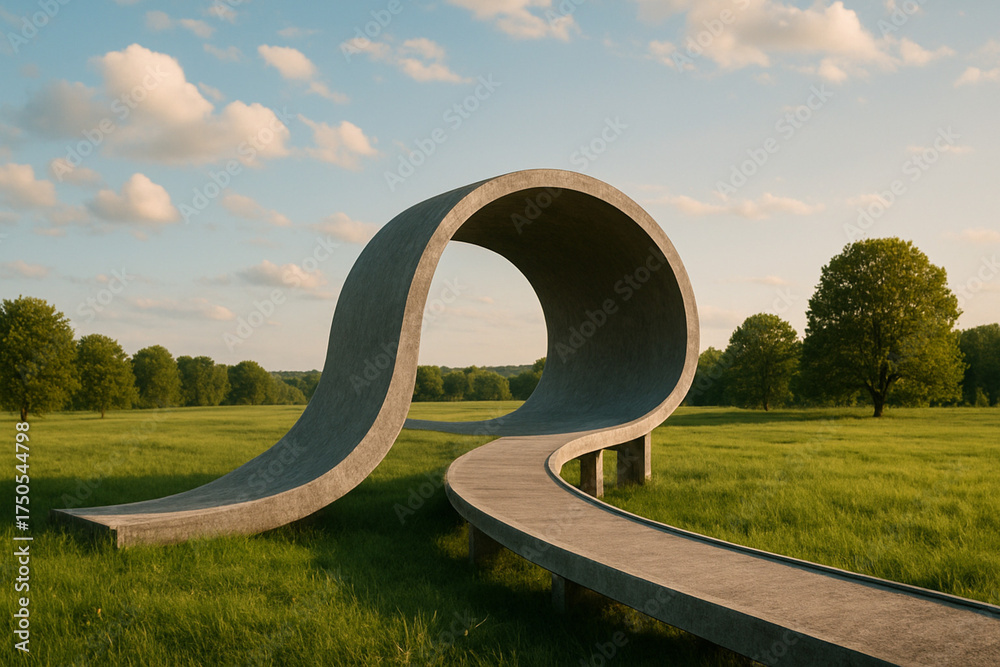 Fototapeta premium Impossible concrete archway path in a vast green landscape